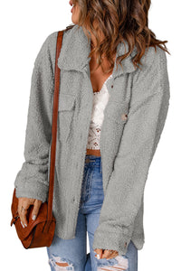 Gray Flap Pockets Button Front Teddy Jacket