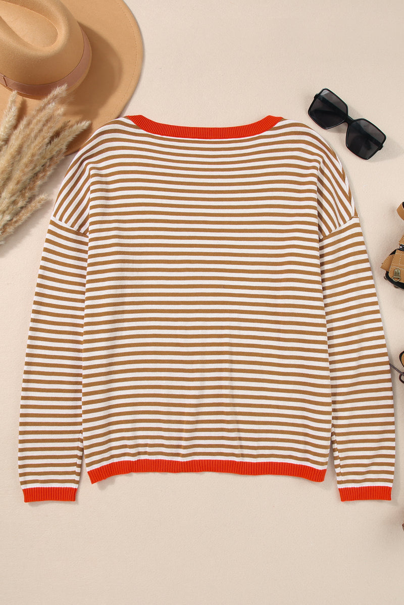 Gray Contrast Trimmed Striped Drop Shoulder Sweater