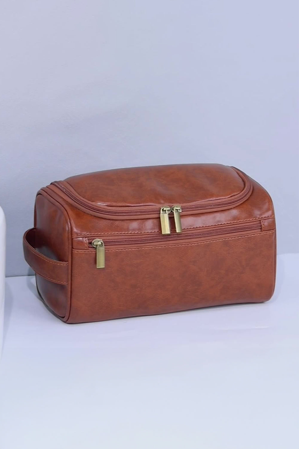 Chestnut PU Leather Multifunctional Handle Large Makeup Bag