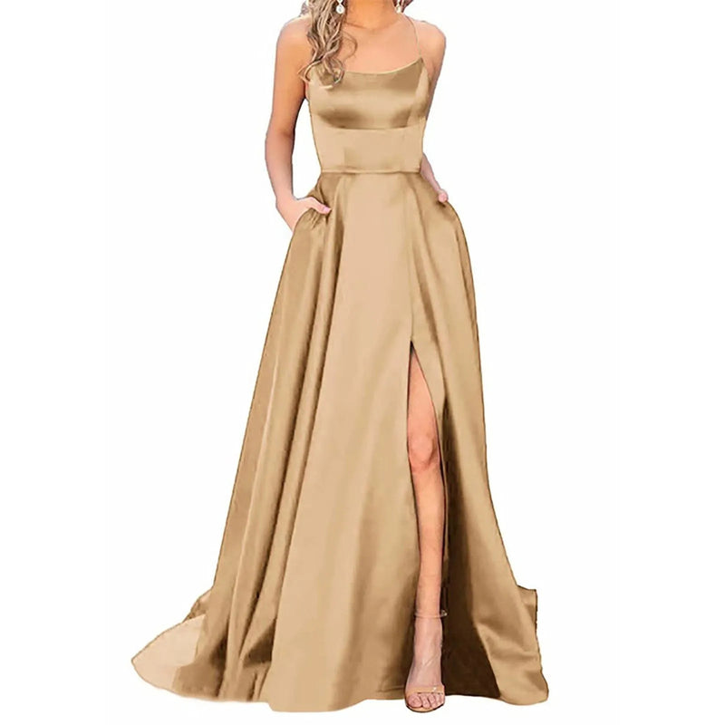 Solid Fit And Flare Women Prom Dresses Ladies Long Lady Elegant Backless Long Dresses Side Slit Wedding Evening Party Dress