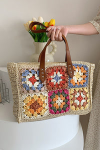 Beige Floral Crochet Large Square Tote Bag