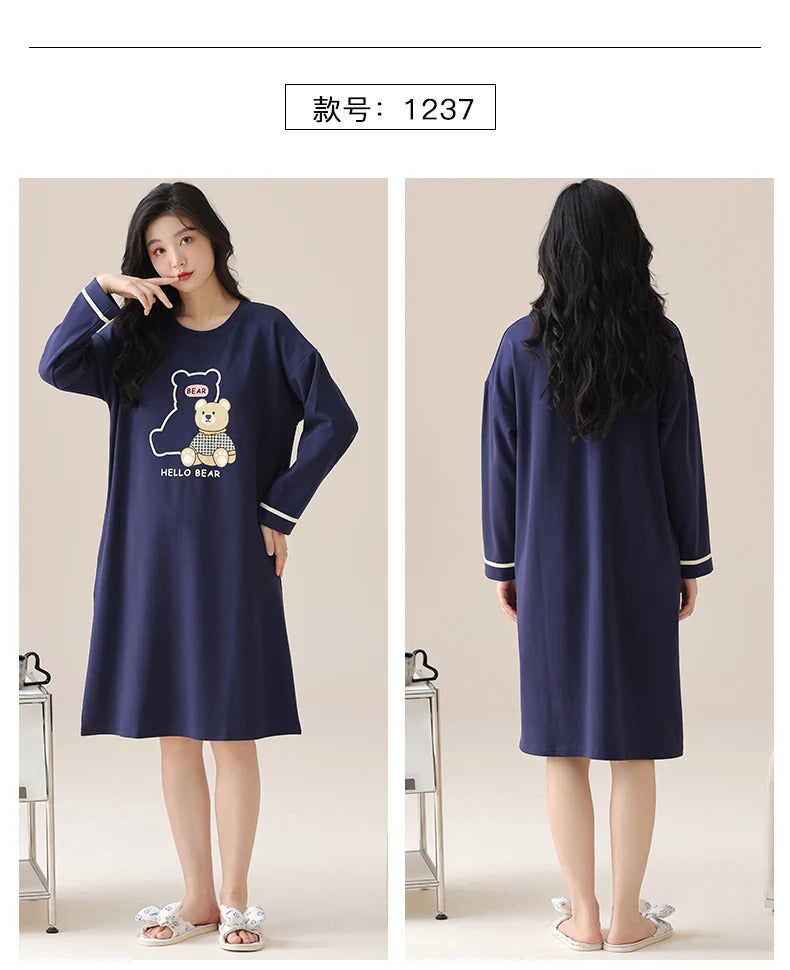 M-5XL Plus Size Autumn Spring Women Long Nightgowns Pullover Loose Bra Padded Sleepshirt Casual Cotton Nightdress Leisure Shirt