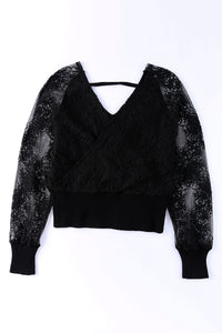 Black V-Neck Lace Sleeve Pullover Sweater