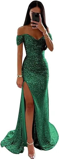 Women Mermaid Champagne Evening Maxi Dresses 2024 Elegant Off-Shoulder Sequin Split Prom Formal Gowns For Party Customized