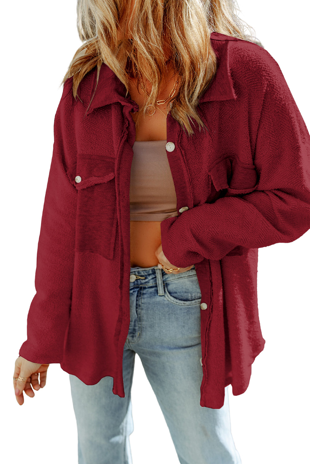 Fiery Red Contrast Flap Pockets Relaxed Shacket