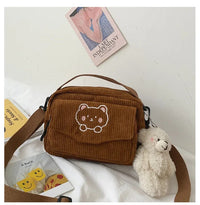 Personalized Teddy Bear Embroidered Diagonal Shoulder Bag, Corduroy Leisure Bag, WOMEN'S Crossbody Bag