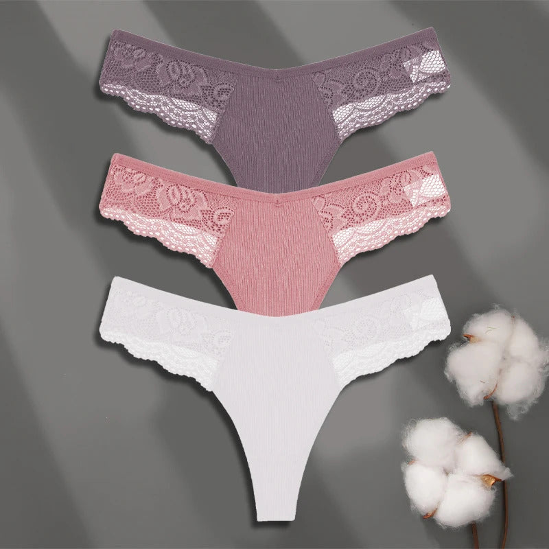 FINETOO 3Pcs Women's Cotton Underwear Lace Thongs Sexy Solid Color Low Waist Bikini Panties Ladies Breathable G-string Lingerie