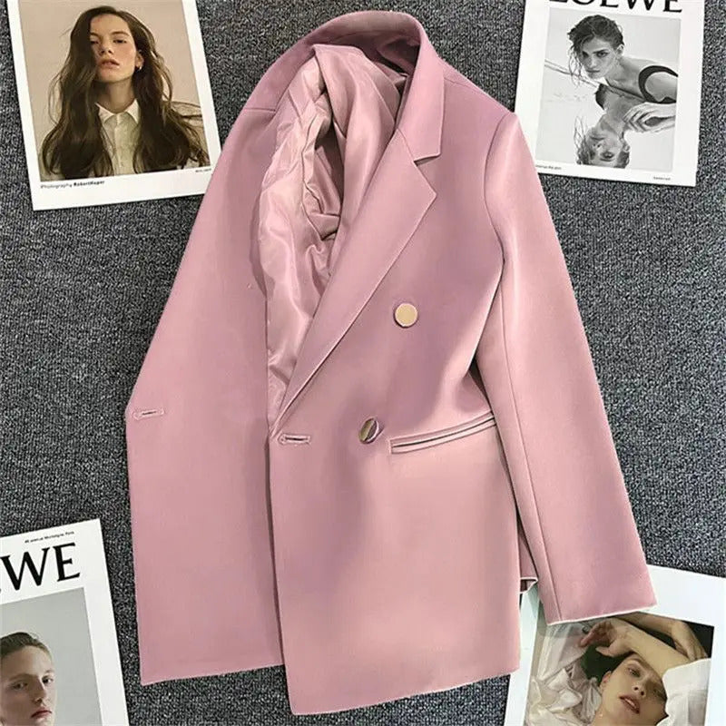 Solid Casual Coat Metal Buckle Small Suit Jacket Women Clothing Summer Double Breasted Office Lady Elegant Blazers Thin Autumn