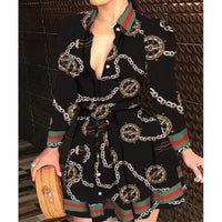 Hot Selling Women's S-2XL Size Fall Lapel Button Long Sleeve Casual Dress Fashion Printed with Belt Elegant Women's Dresses