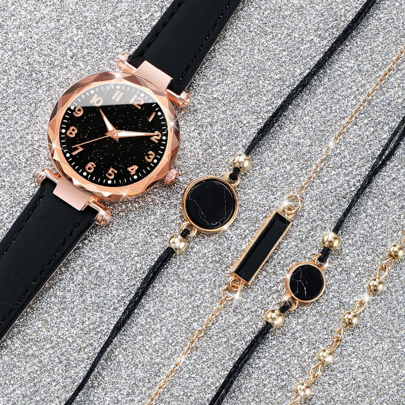 5PCS/Set Women Watches Bracelets Set Fashion Starry Sky Dial Leather Band Quartz Watch