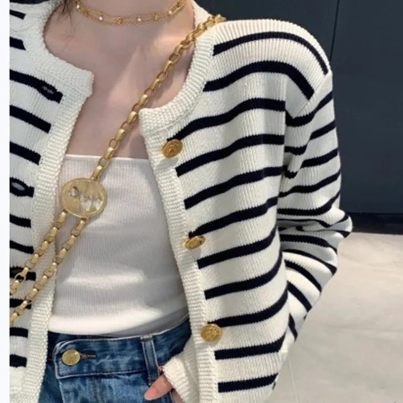 Women Stripe Knitted Cardigans Spring Autumn O-neck Single Breasted Long Sleeve Crop Tops Fashion Casual Chic Female Sweaters