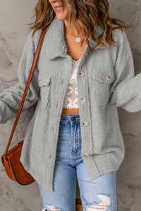 Gray Flap Pockets Button Front Teddy Jacket