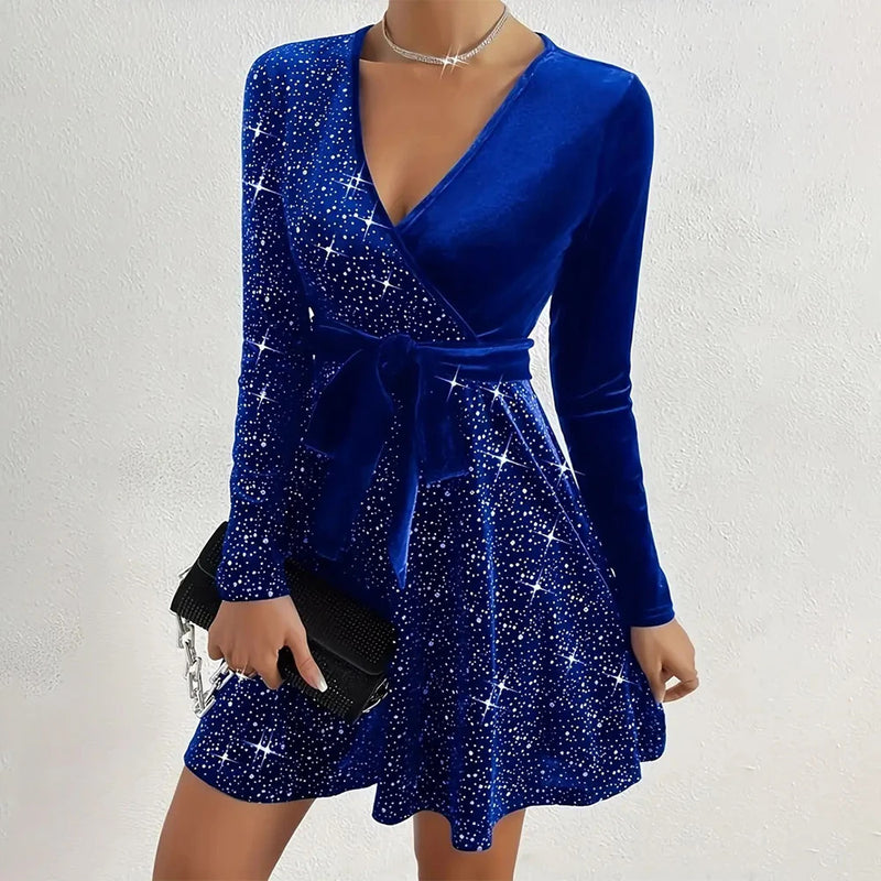 Women's Sexy V-Neck Sequin Glitter Belt Mini Dress Party Dresses Fashion Hot Sale Solid Elegant  Velvet Long Sleeve Dresses