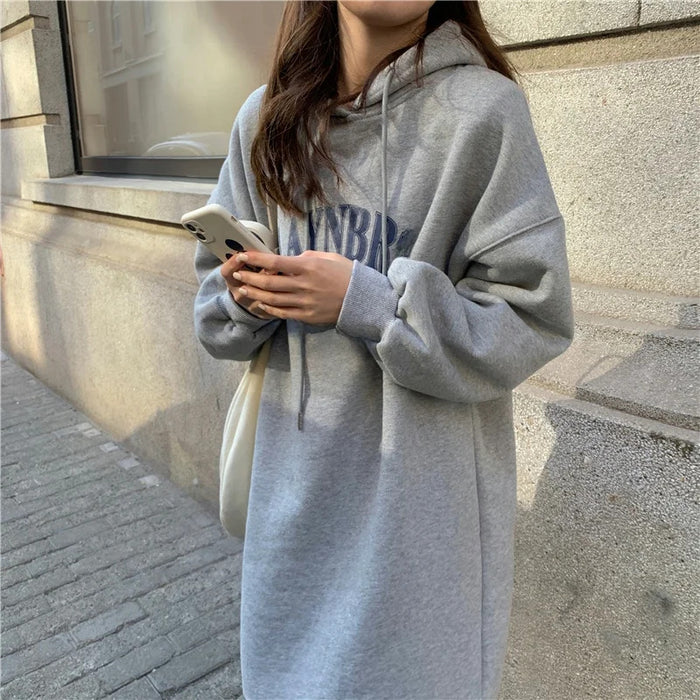 Long Hood Sweater Dress Women Autumn and Winter Fleece-lined Thickened Pullover Small Loose Mid-Length over-the-Knee Dress