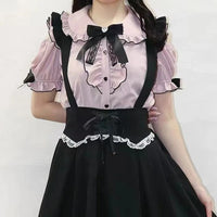 Gothic Lolita Blouses Women Sweet Bow Off Shoulder JK Shirt Japanese Girls Elegant Love Heart Lace Ruffles Blusas Mujer Tops