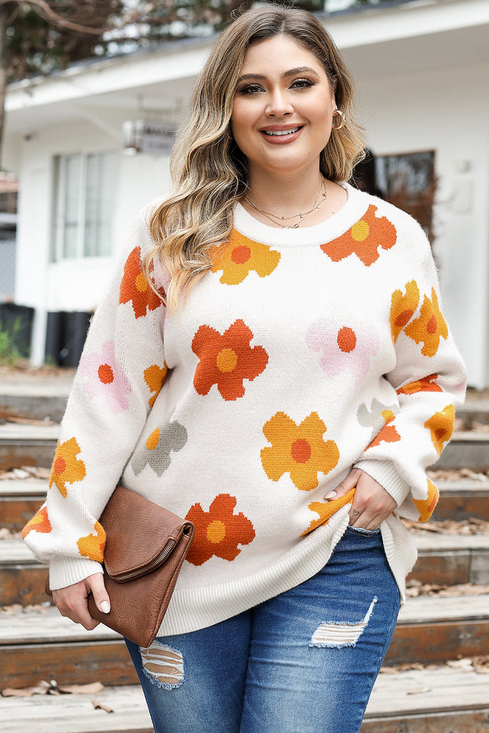 White Plus Size Flower Pattern Ribbed Trim Casual Sweater