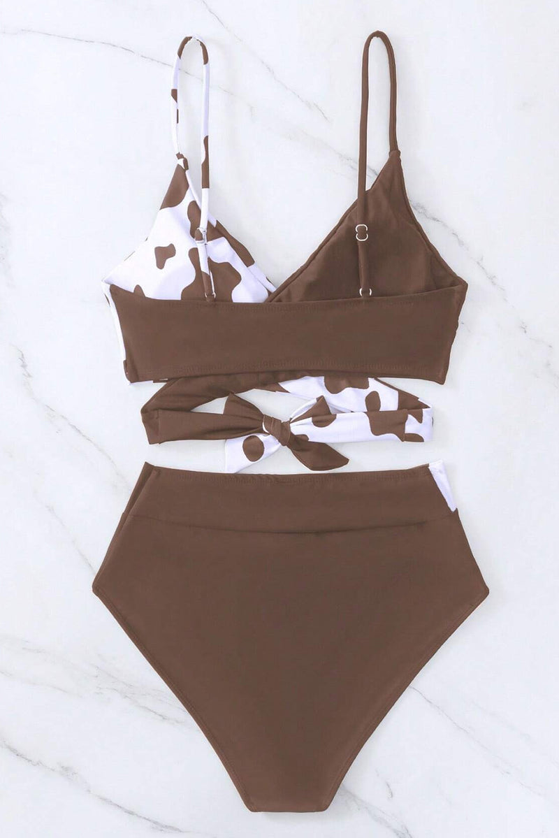 Coffee Contrast Cow Pattern Crossed Bikini