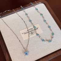 LATS Romantic Blue Crystal Butterfly Necklace for Women Girls Simple Shiny Zircon Bilayer Choker Clavicle Chain New Fine Jewelry