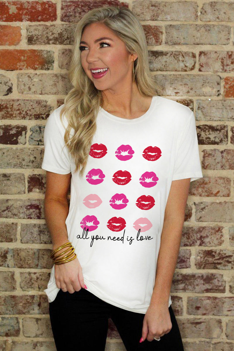 White all you need is love Valentines Kisses Graphic Tee