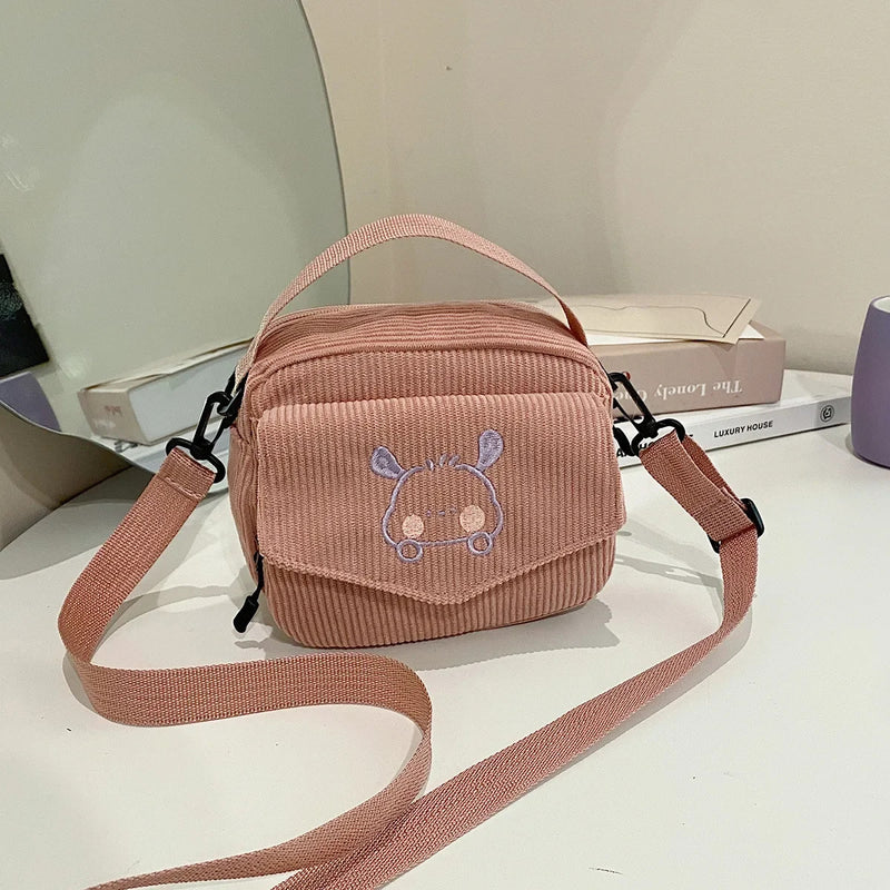 Personalized Teddy Bear Embroidered Diagonal Shoulder Bag, Corduroy Leisure Bag, WOMEN'S Crossbody Bag