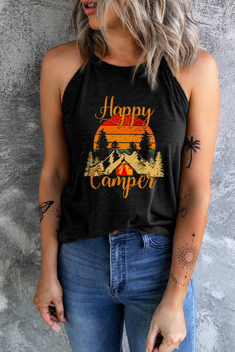 Black Happy Camper Graphic Printed Tank Top