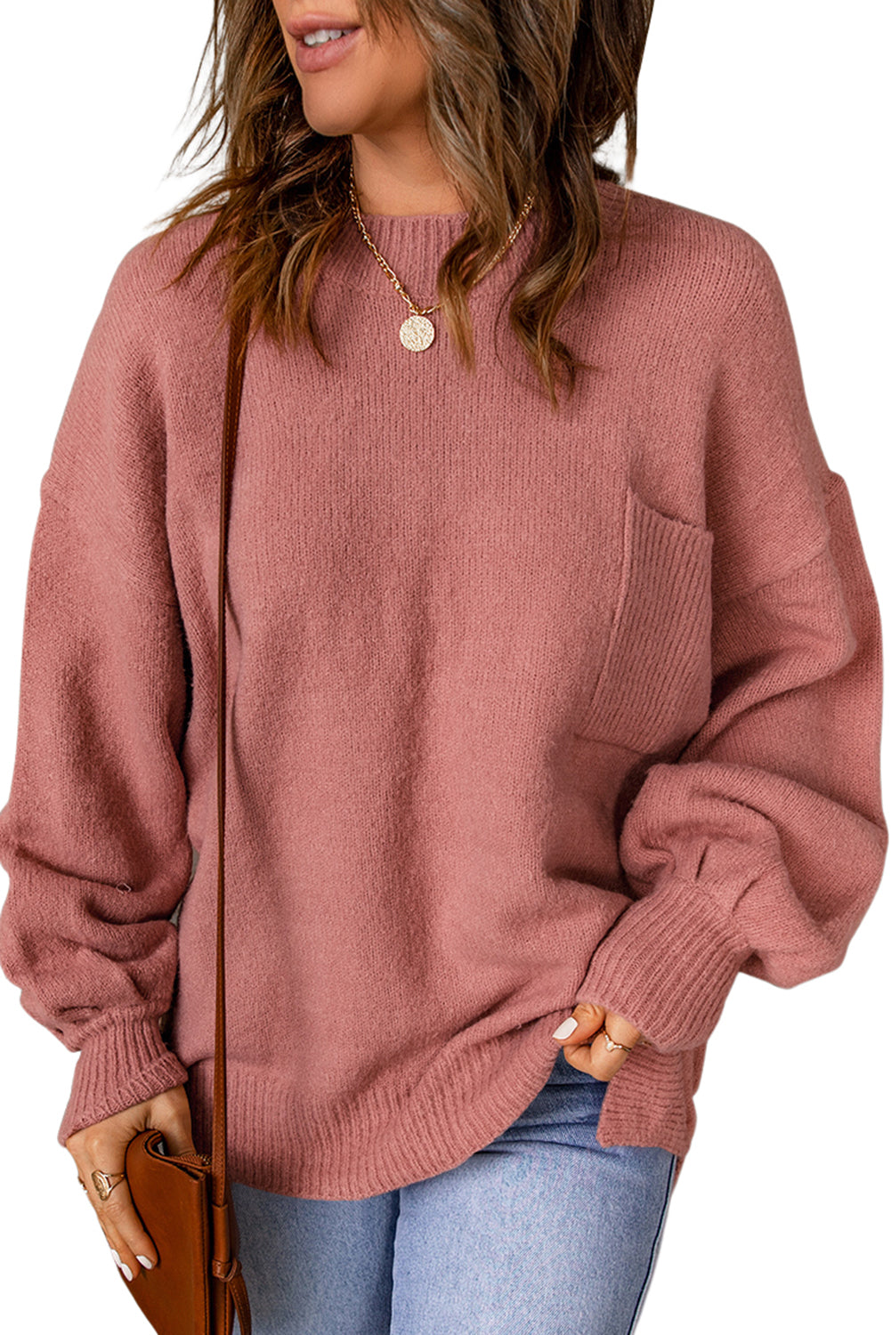 Solid Color Puffy Sleeve Pocketed Sweater