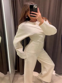 Women Two Piece Sets Solid O-neck Full Sleeve Sweatshirt Loose Elastic Waist Straight Pants Suit 2025 Spring Autumn Lady Outfits