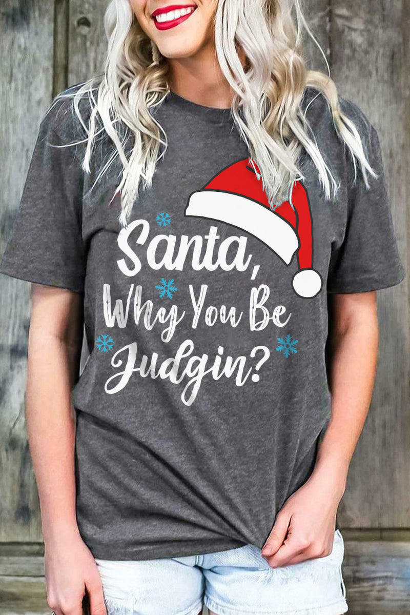 Gray Christmas Santa Hat Snowflake Slogan Graphic Tee