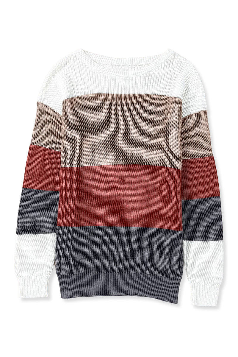 Chestnut Color Block Knitted O-neck Pullover Sweater