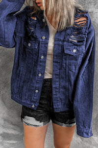 Blue Distressed Buttons Chest Pockets Denim Jacket