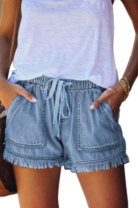 Blank Apparel - Sky Blue Casual Pocketed Frayed Denim Shorts