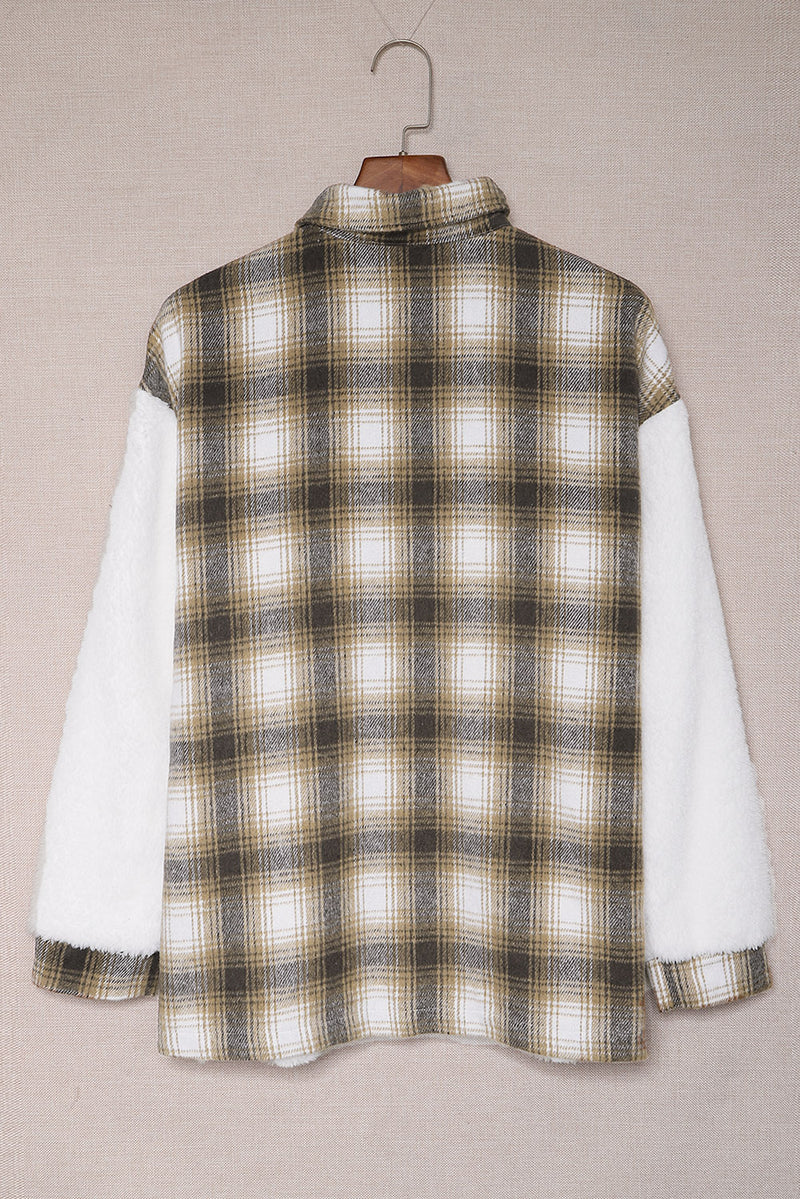 Brown Plaid Patchwork Buttoned Pocket Sherpa Jacket