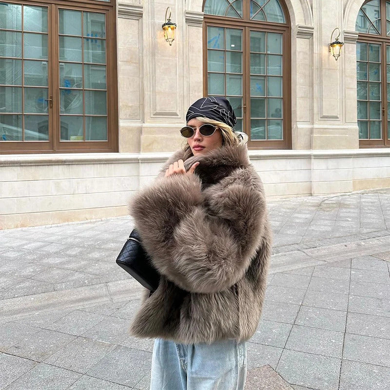 Luxury Brown Women's Fluffy Faux Fur Warm Short Coat Chic Lapel Collar Long Sleeve Furry Jacket Winter 2024 Lady High Streetwear