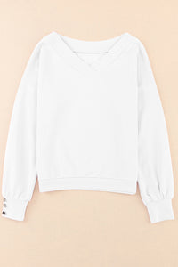 White Knitted V Neck Buttoned Cuffs Sweater