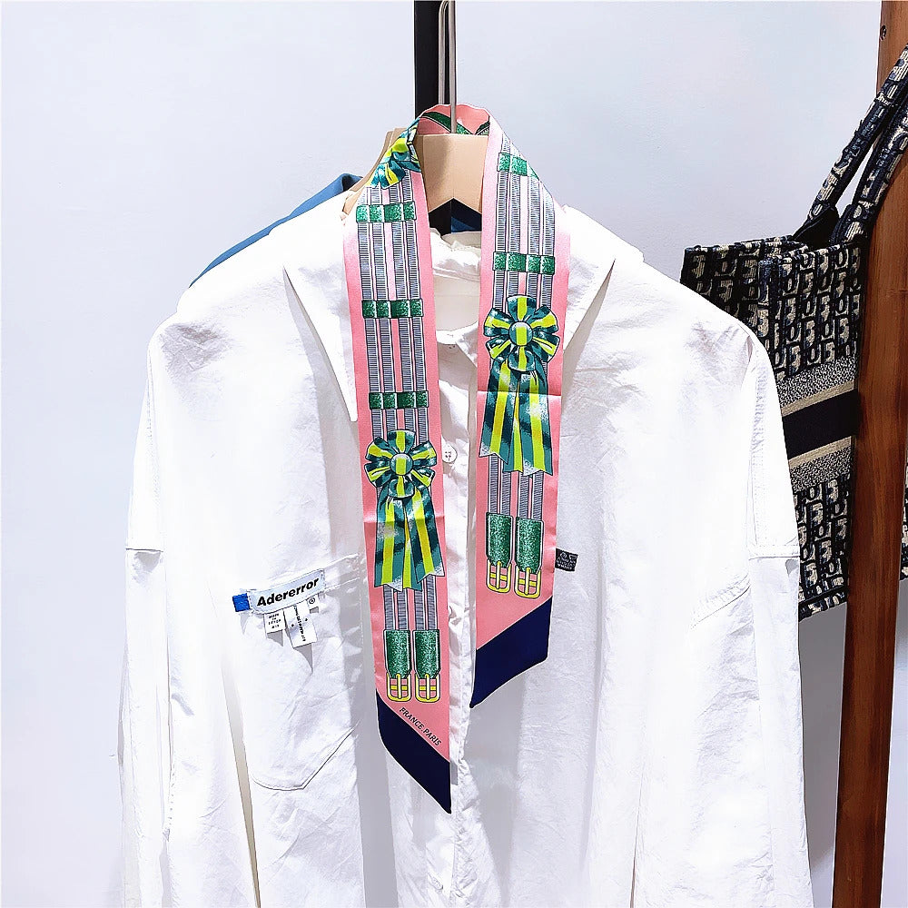 Korean Spring New Chain Buckle Decoration Ribbon Small Scarf Women Twill Tied Bag Handle Ribbon Hair Band Souvenir Small Scarf