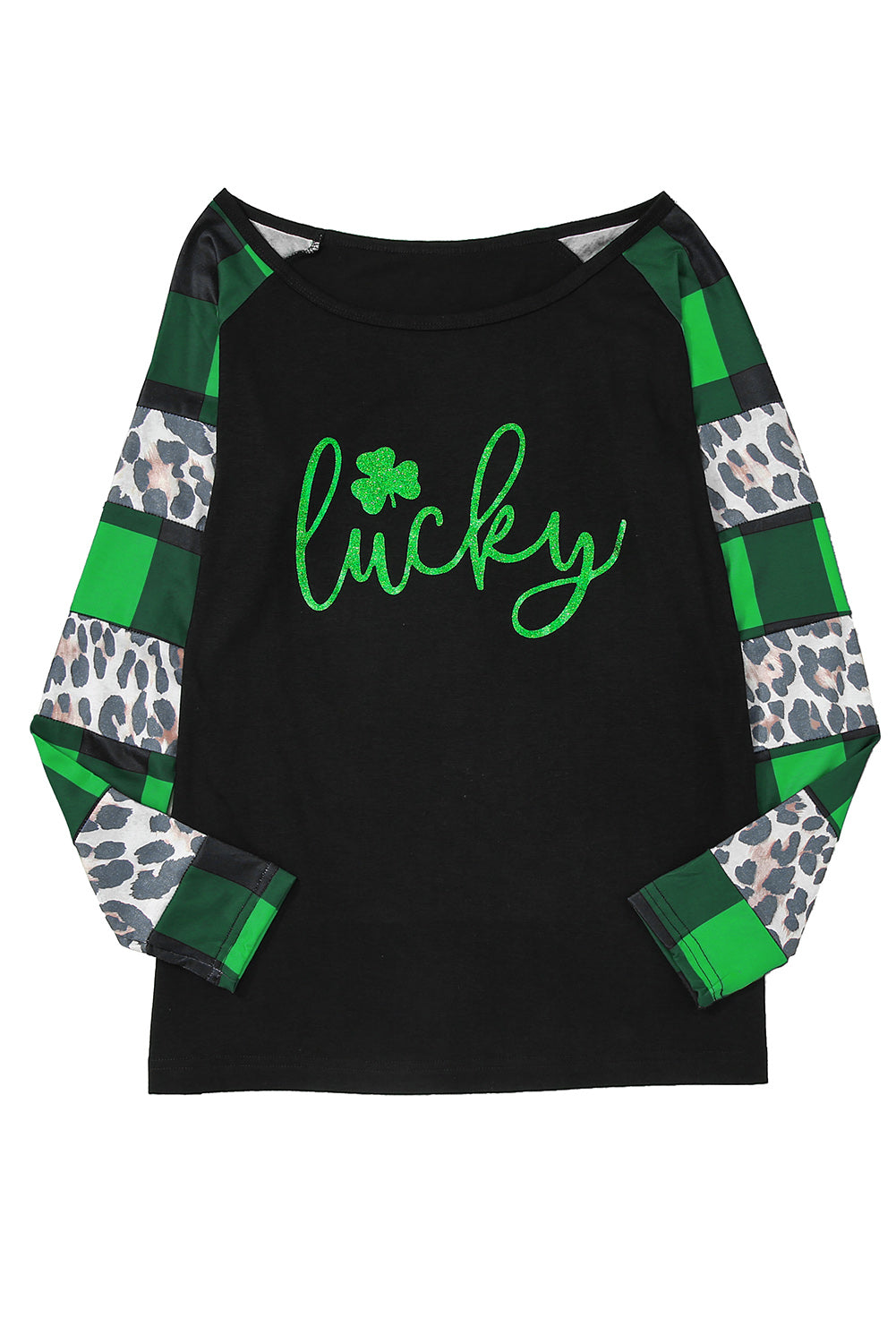 Green Lucky Clover Glitter Graphic Leopard Plaid Splicing Top