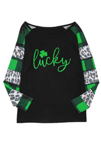 Green Lucky Clover Glitter Graphic Leopard Plaid Splicing Top