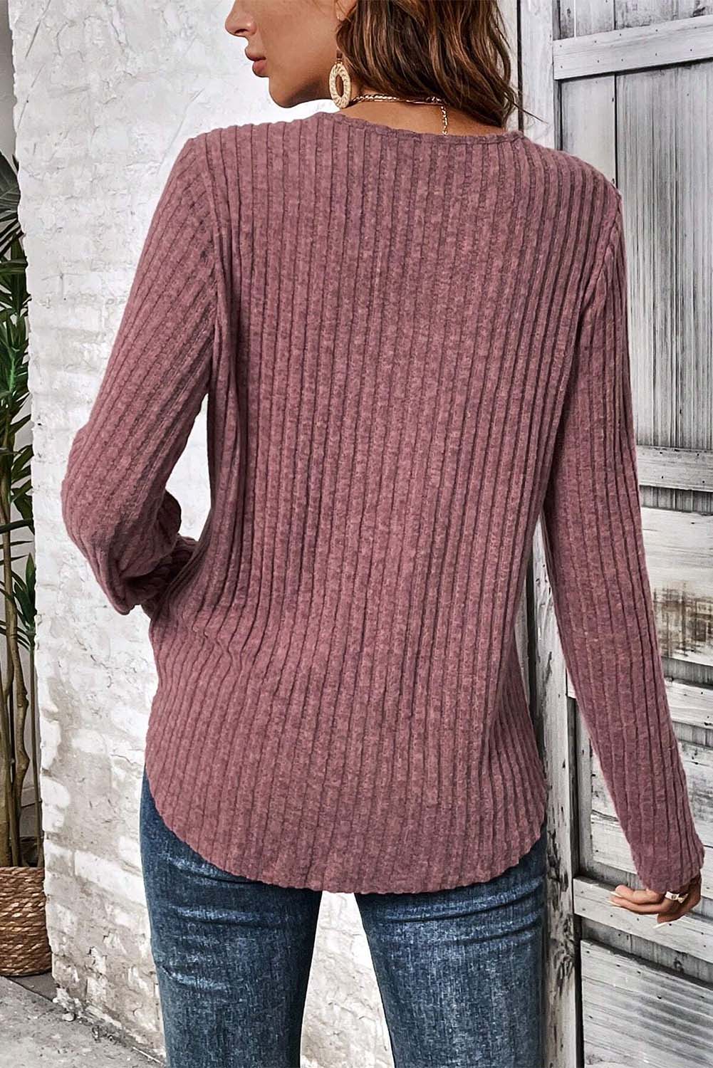 Pink Ribbed Knit Lace Patch Shoulder Casual Sweater