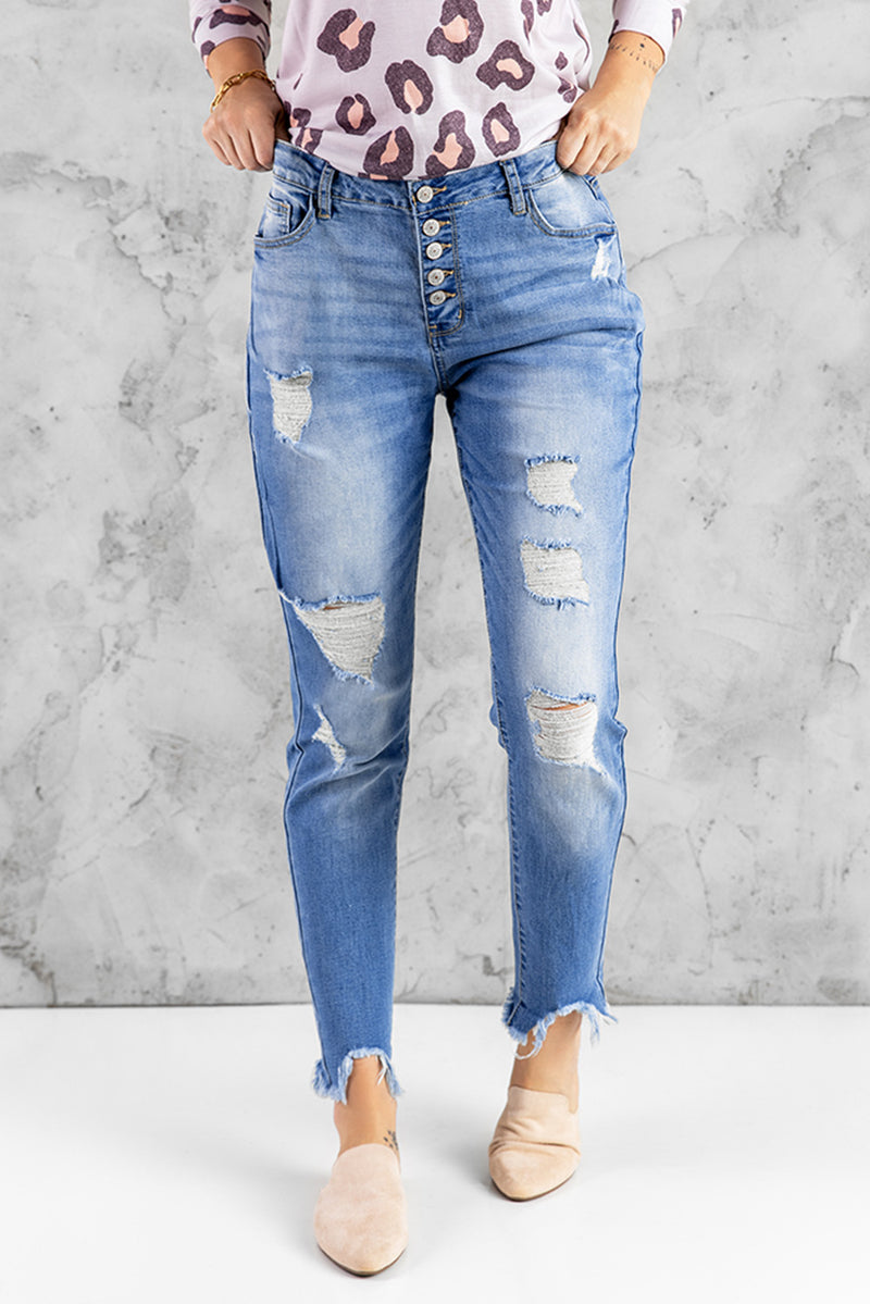 Sky Blue High Rise Button Front Frayed Ankle Skinny Jeans