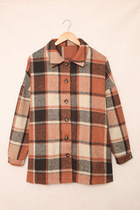 Orange Plaid Print Buttoned Shirt Jacket