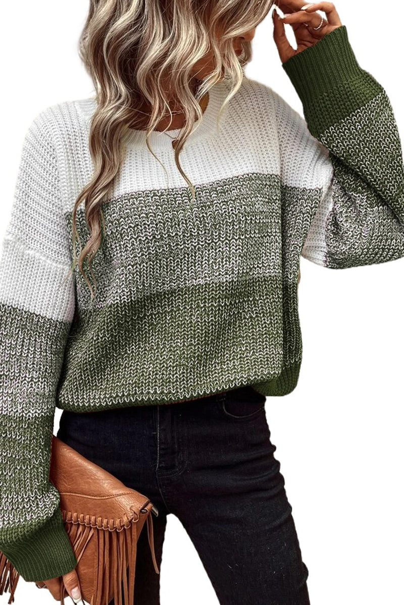 Pickle Green Color Block Drop Shoulder Ribbed Trim Sweater