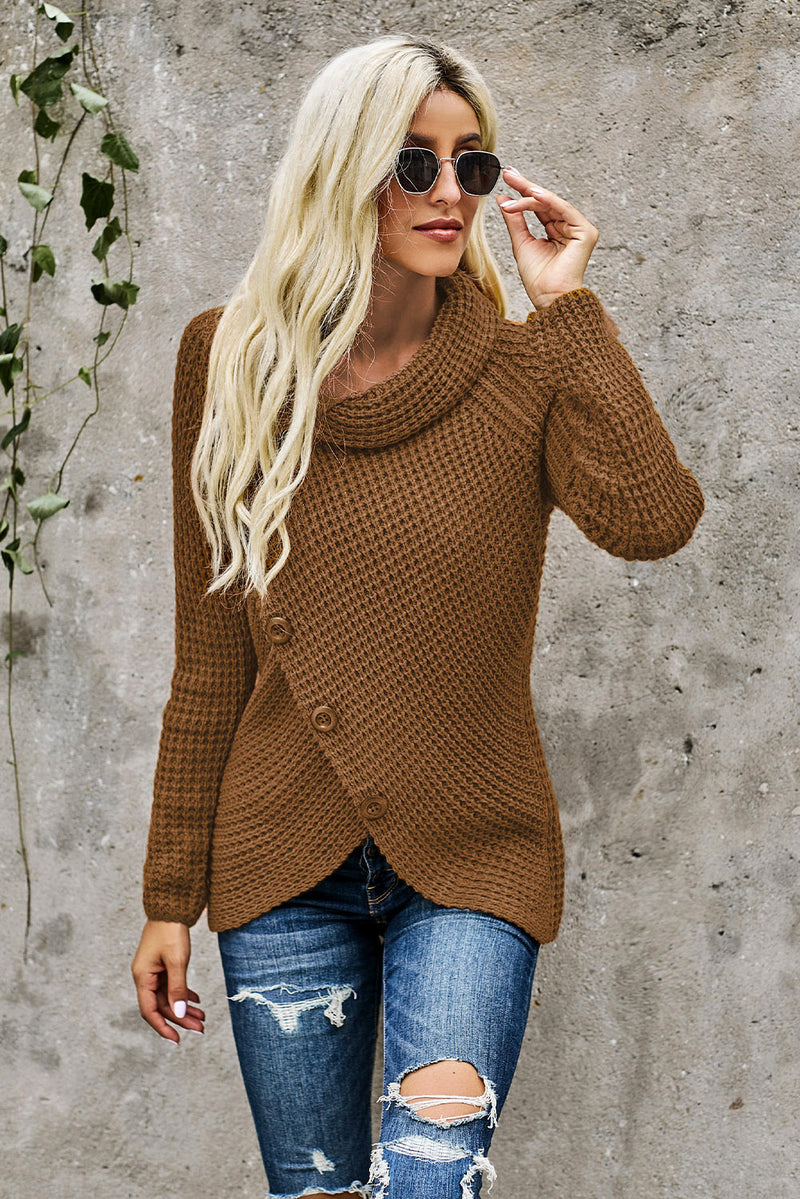 Mustard Buttoned Wrap Turtleneck Sweater