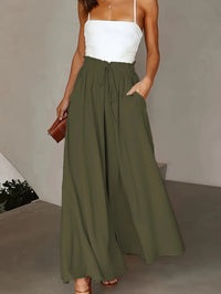 Plus Size Wide Leg Pants Comfortable Slight Stretch FabricElegant Solid Color Design Po    cket DetailsDrawstring Elastic Wai