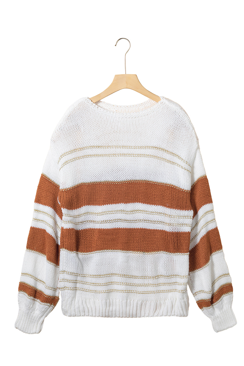 White Striped Knit Puff Sleeve Casual Sweater