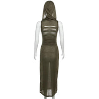 Goth Dark Cyber Gothic Desert Walker Hooded Dresses Y2k Punk Grunge Hollow Out Midi Dress Women Sexy Split Side Solid Streetwear