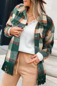 Sea Green Plaid Snap Button Pocket Fringed Hem Jacket