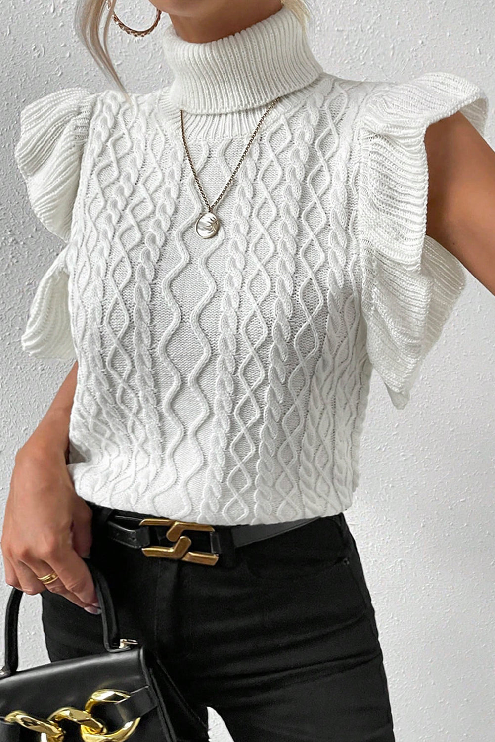 White Turtle Neck Short Sleeve Cable Knit Ruffled Sweater