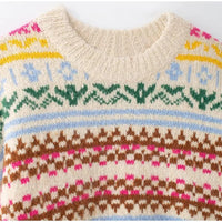 Casual Knitted Jacquard Sweaters Women Vintage Loose Printed O-neck Pullover Sweater Female Christmas Thick Chic Daily Knitwear