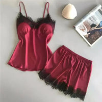 Women Satin European and American Ice Silk Pajama Suit V-Neck Lace Seamless Sexy Lingerie Homewear Pyjamas Shorts Sets Sleepwear