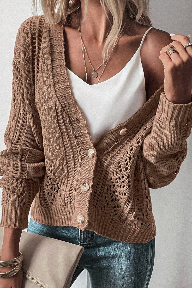 Dark Khaki Open Knit Drop Shoulder Sweater Cardigan